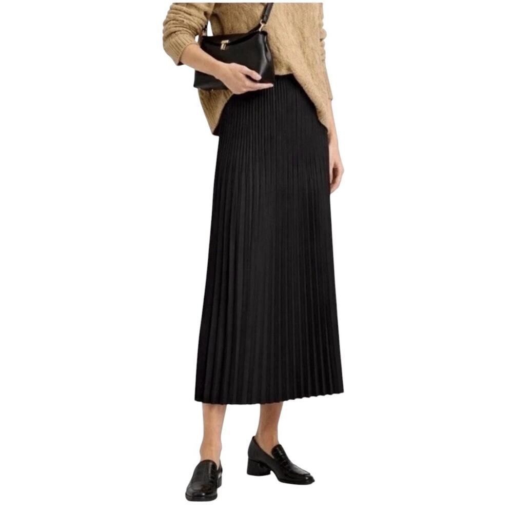 Eileen Fisher Pleated Midi Skirt Black Wool Silk Blend Size M NWT $328